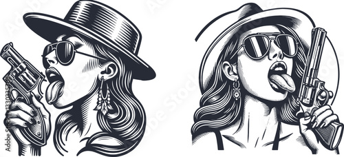 set of pin-up style woman with hat and sunglasses provocatively licking a revolver vector illustration, engraving sketch ink poster black illustration etching style tattoo, Woodcut clean line
