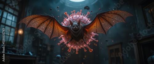 Bat with glowing wings flying in dimly lit vintage-style room, with a virus-like sphere behind it.