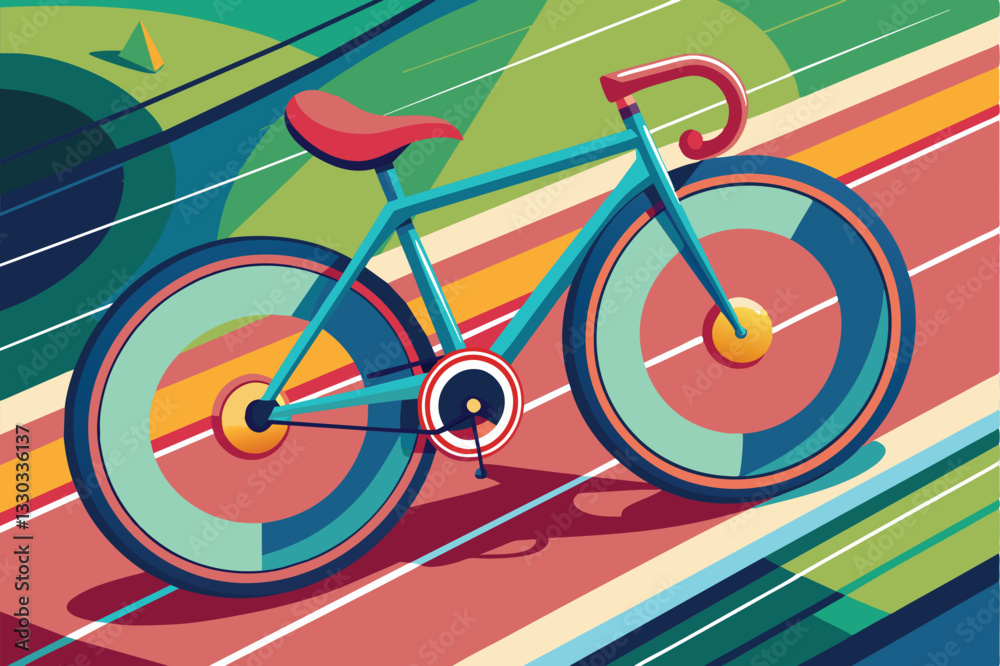 Fototapeta premium A vibrant illustration showcases a custom track cycling bike on a stylized racing track with vivid colors, Track cycling Customizable Disproportionate Illustration