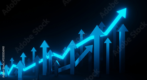 Futuristic stock market growth concept with glowing rising blue arrows 