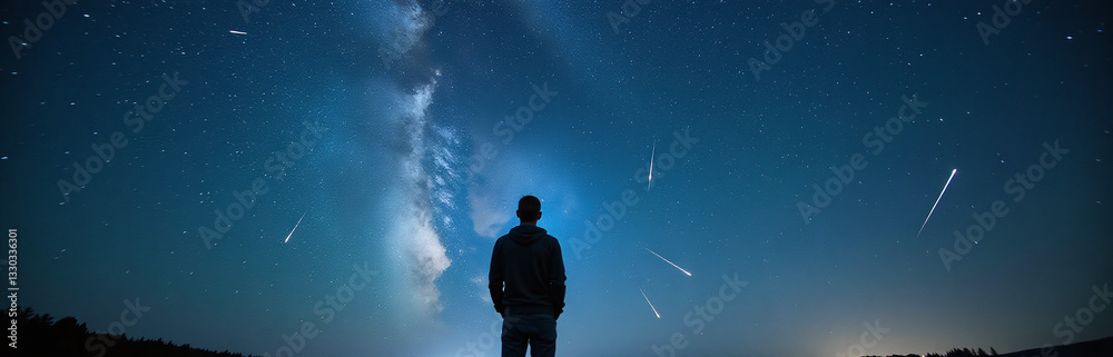 Fototapeta premium Man Stands In Awe Under A Mesmerizing Meteor Shower, With Shooting Stars Traversing The Night Sky In A Cosmic Display.