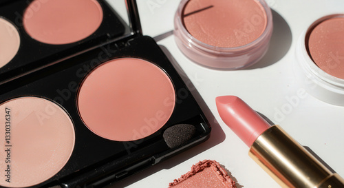 Soft pastel makeup collection on bright surface