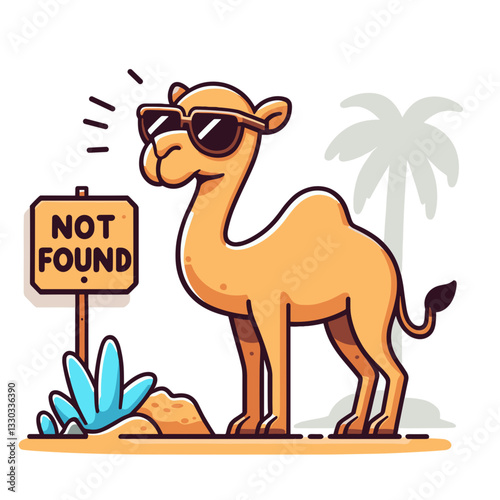Stylish camel with sunglasses and "Not Found" sign in desert vector illustration. Ideal for travel websites and adventure app error pages.