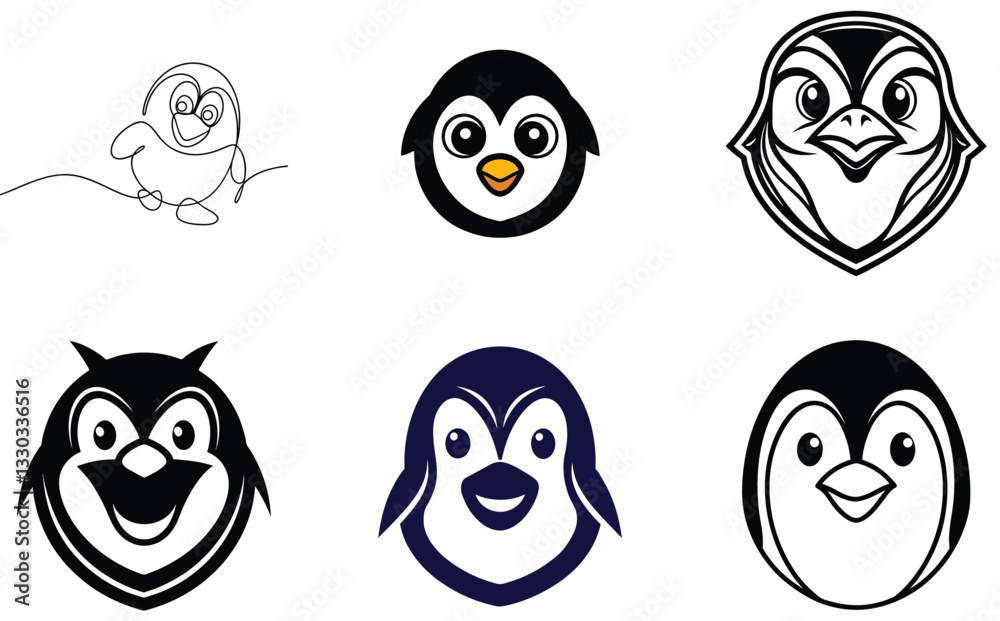 Playful Penguin Face Mascot Logo Set Playful Penguin Face Mascot Logo Set