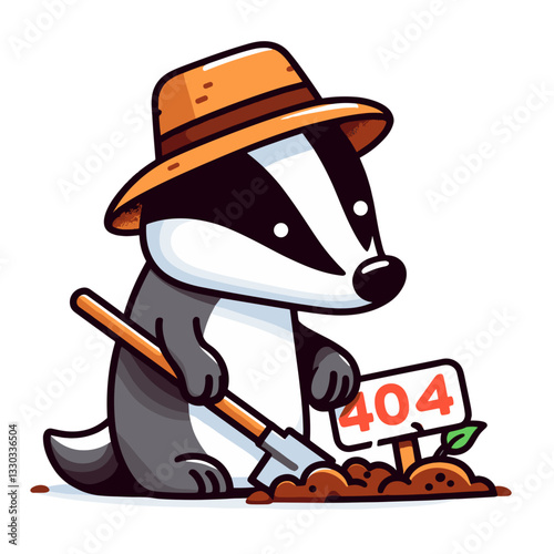 Gardening badger with 404 sign in agricultural vector illustration. Perfect for gardening websites and plant care app error pages.