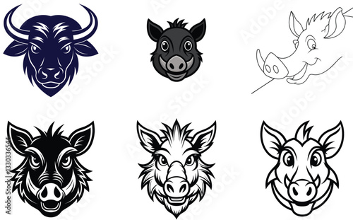 Playful Warthog Face Mascot Logo Set
