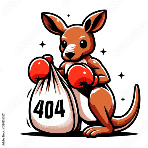 Boxing kangaroo with 404 punching bag in sports vector illustration. Ideal for fitness websites and athletic training app error pages.