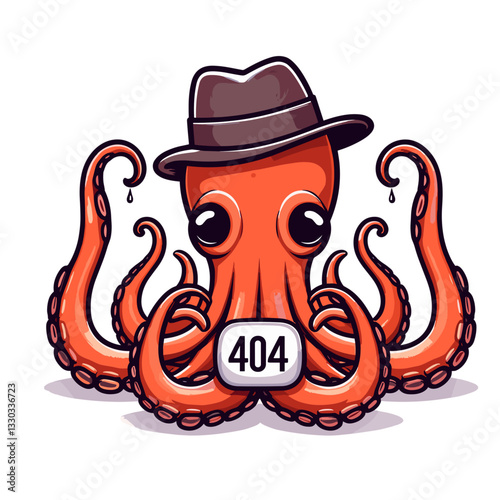Dapper octopus with 404 sign in noir vector illustration. Ideal for mystery websites and sophisticated app error pages.