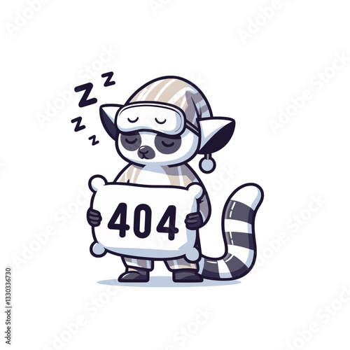 Sleepy lemur in space suit with 404 pillow in cosmic vector illustration. Ideal for bedding websites and sleep app error pages.