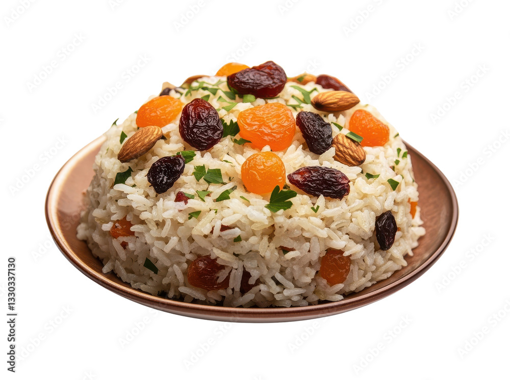 Aromatic rice pilaf with dried fruits and nuts isolated on a transparent background for a flavorful and inviting culinary presentation Aromatic rice pilaf with dried fruits and nuts isolated on a transparent background for a flavorful and inviting culinary presentation