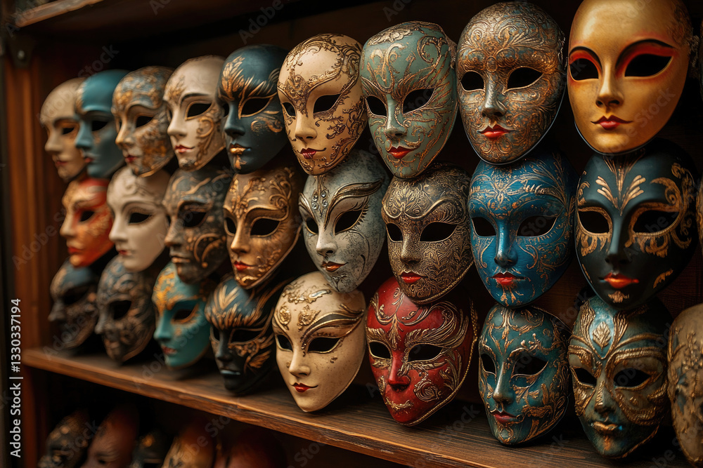 Venetian masks displayed on wooden shelves, embracing carnival spirit Venetian masks displayed on wooden shelves, embracing carnival spirit