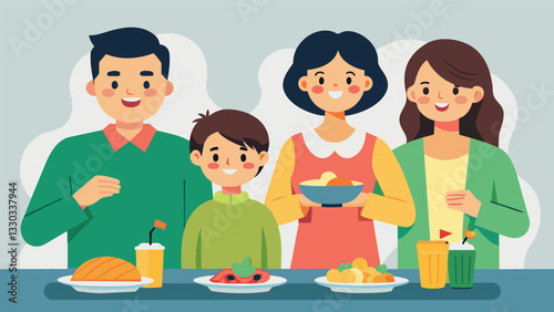 The parents watch with pride as the children happily devour their plates of vigor n knowing that this is a tradition that will continue for generations to come.. Vector illustration