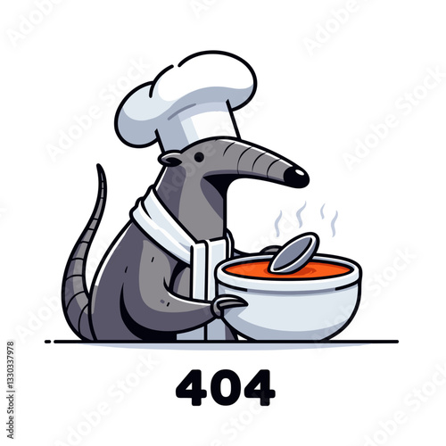 Mouse chef stirring soup with 404 text in culinary vector illustration. Ideal for recipe websites and cooking tutorial error page displays.