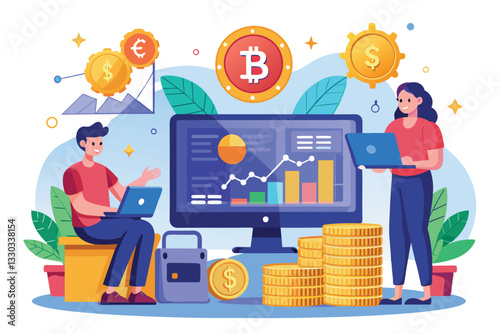 Two young individuals are engaged in trading bitcoins while analyzing market data on their laptops, trading bitcoins