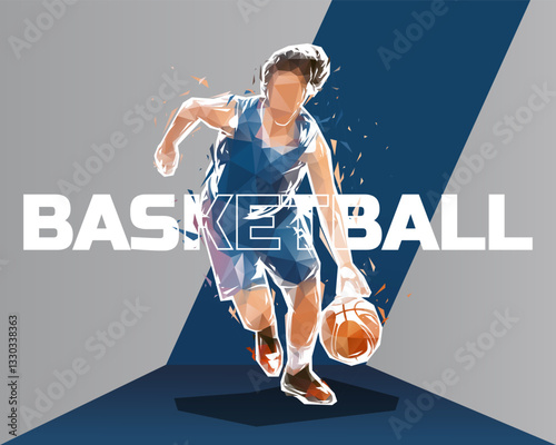 Basketball women graphic design, low poly basketball player dribbling ball. Sports banner