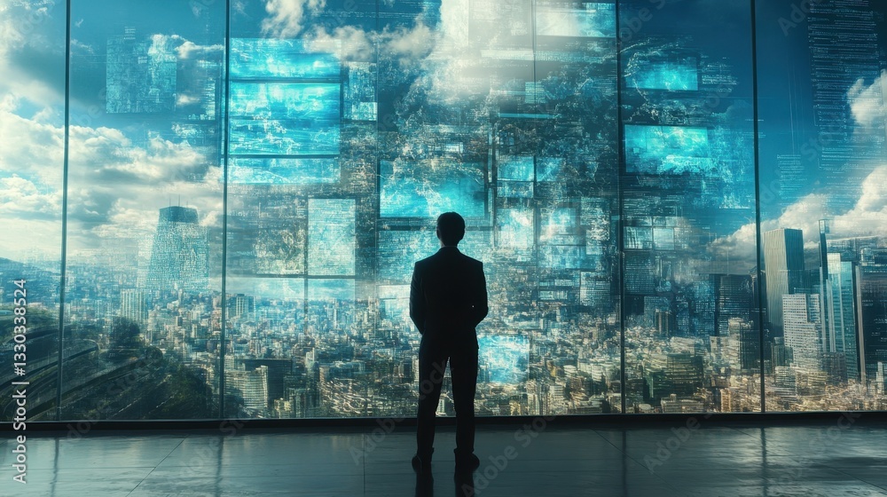 Silhouette of a Businessman Contemplating Futuristic Cityscape and Digital Data Streams Through a Panoramic Window Silhouette of a Businessman Contemplating Futuristic Cityscape and Digital Data Streams Through a Panoramic Window
