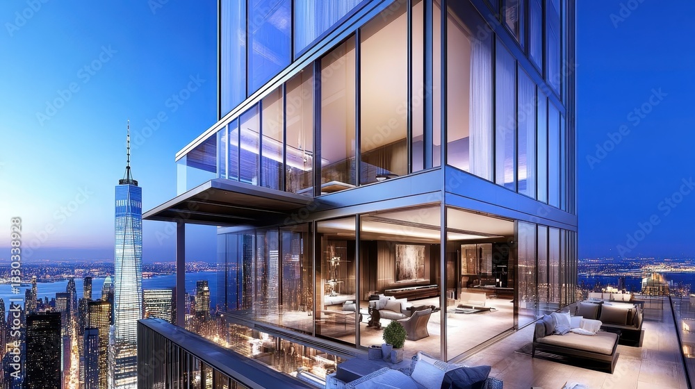 Fototapeta premium Luxury Penthouse with Stunning NYC Skyline Views at Dusk