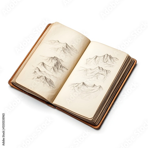 Vintage Leather Journal Open to Pages Featuring Hand Drawn Mountain Sketches