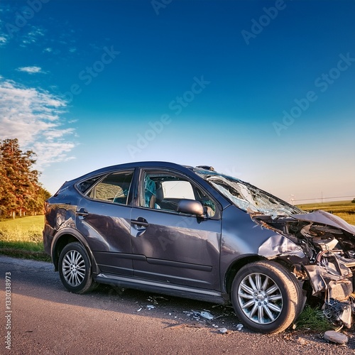 A heavily damaged car sits on the roadside, its crumpled hood and shattered glass revealing the impact of a severe crash