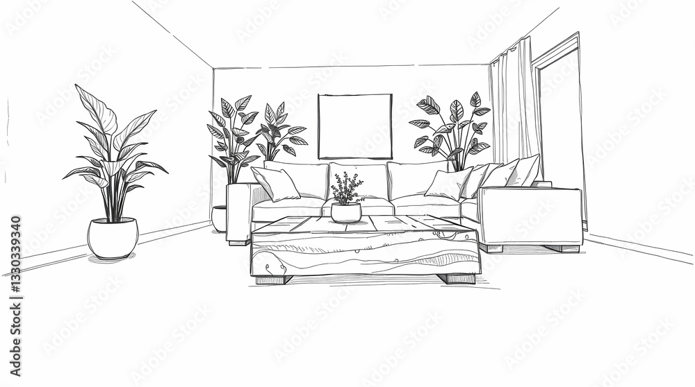 Hand-drawn sketch from a low angle perspective, looking up, dramatic effect, showcasing a contemporary living room with neutral colors, large beige sofa, indoor plants Hand-drawn sketch from a low angle perspective, looking up, dramatic effect, showcasing a contemporary living room with neutral colors, large beige sofa, indoor plants