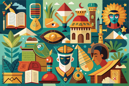 Vibrant illustrations showcase ancient traditions, artifacts, and cultural treasures from various regions, Traditions, culture, treasures, Ancient knowledge, information and history,