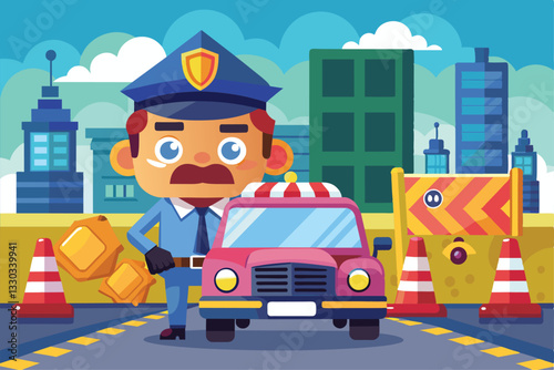 A police officer stands beside a pink car in a cityscape, ready to issue a traffic fine in a fun cartoon style, Traffic fine Customizable Cartoon Illustration