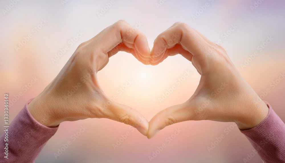 Fototapeta premium A mother’s loving hands forming a heart shape, gently blended into a warm pastel gradient, symbolizing love, care, and tenderness, perfect for heartfelt celebrations like Mother’s Day.