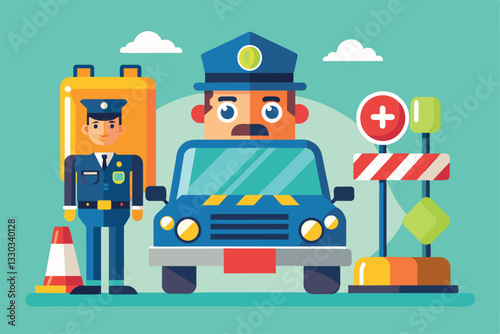 A police officer stands next to a car at a checkpoint, illustrating traffic violations and fines, Traffic fine Customizable Disproportionate Illustration
