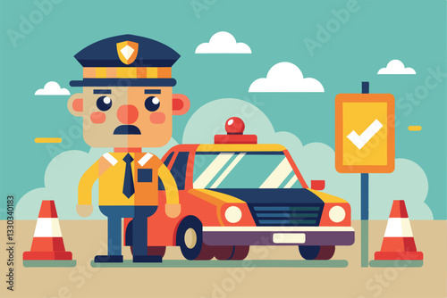 A cartoon-style illustration shows a traffic officer standing beside a patrol car with traffic cones in view, Traffic fine Customizable Disproportionate Illustration