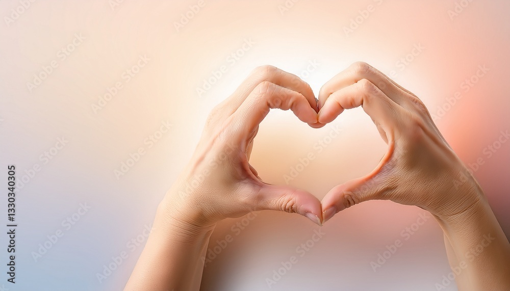 Obraz premium A mother’s loving hands forming a heart shape, gently blended into a warm pastel gradient, symbolizing love, care, and tenderness, perfect for heartfelt celebrations like Mother’s Day. 