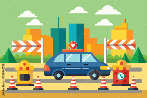 A driver faces a traffic fine amid colorful city buildings and traffic cones during the day, Traffic fine Customizable Flat Illustration