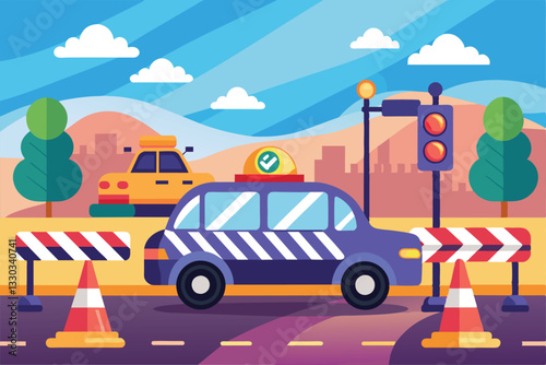 A colorful scene displays a police car near road barriers and traffic signals in an urban environment, Traffic fine Customizable Semi Flat Illustration