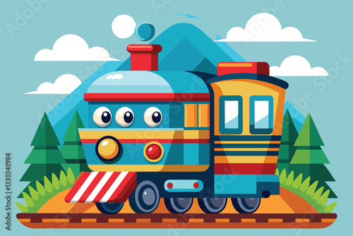A vibrant cartoon train travels through a picturesque landscape featuring mountains and lush greenery, Train Customizable Cartoon Illustration