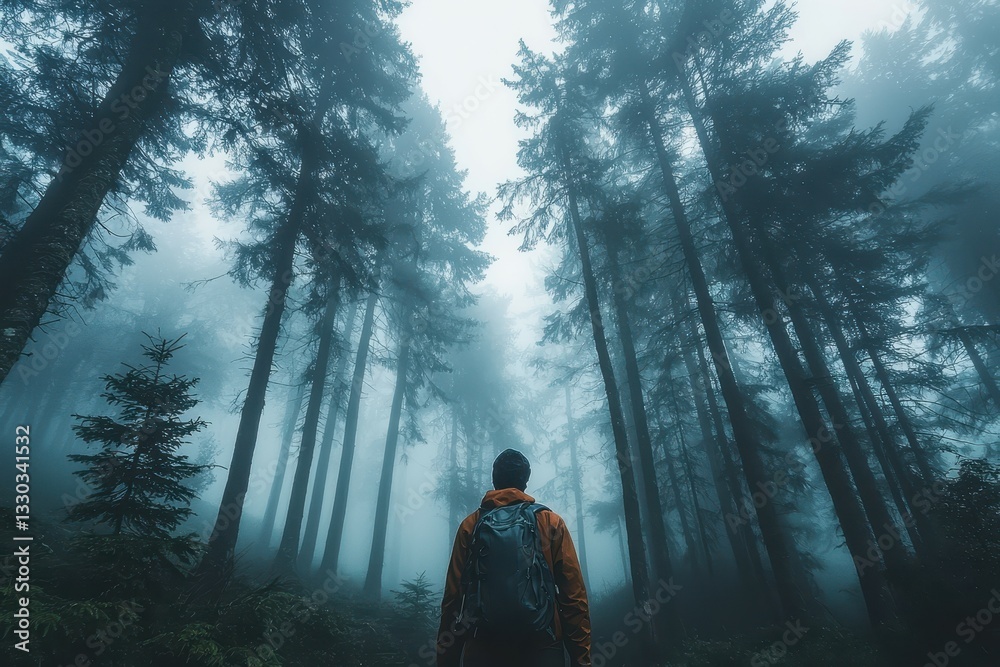 Self-Portrait of a Traveler Standing in a Foggy Forest A mysterious, moody shot of a lone traveler standing in the middle of a dense, fog-covered forest.