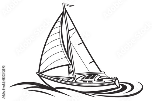 Illustration of a sailboat cruising on the ocean with waves and wind, perfect for a summer vacation or nautical adventure.