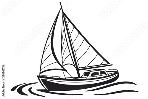 Illustration of a sailboat cruising on the ocean with waves and wind, perfect for a summer vacation or nautical adventure.