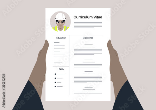 Hands holding a CV that creatively outlines education, experience, and skills, highlighting modern design and personal branding in career advancement