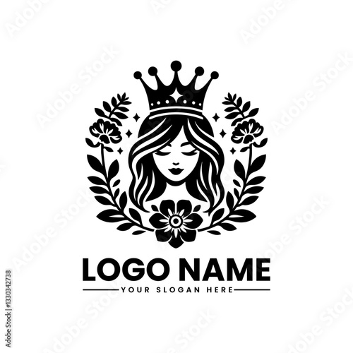 Elegant girl with crown and flowers vector logo, royal feminine emblem for beauty and luxury branding