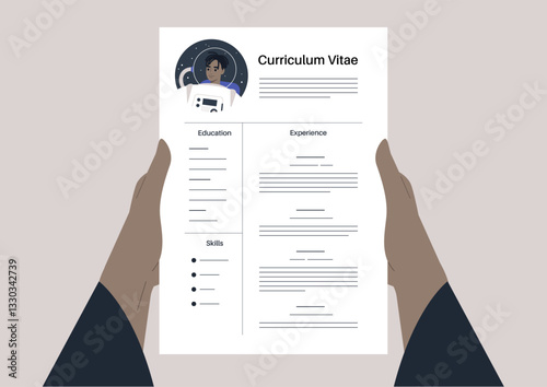 Hands holding a CV that creatively outlines education, experience, and skills, highlighting modern design and personal branding in career advancement