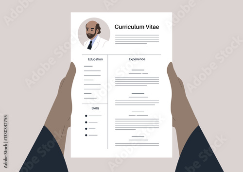 Hands holding a CV that creatively outlines education, experience, and skills, highlighting modern design and personal branding in career advancement