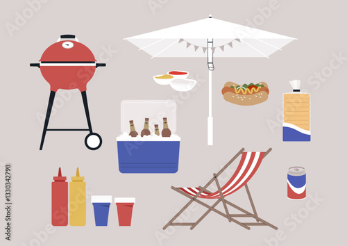 A set to enjoy a sunny picnic with a grill, cool drinks, tasty snacks, and a comfortable chair for relaxation, embracing the joyful spirit of summer in the park