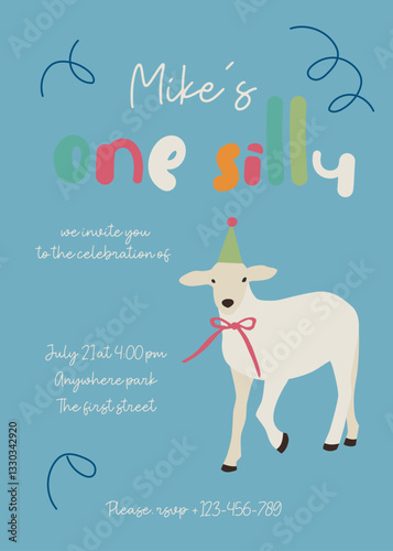Baby invitation printable template with farm animal. Child colorful and playful greeting card with lamb. Vector nursery flat illustrations.
