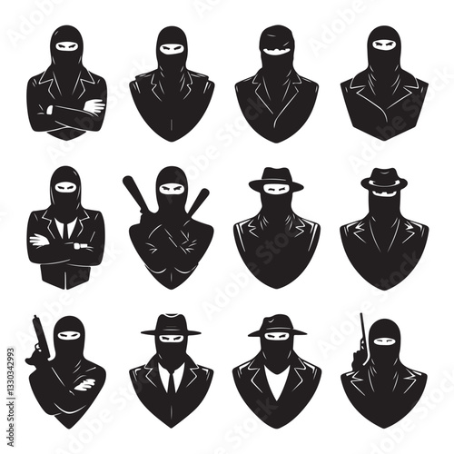 Mask of criminal bandits for hiding face black monochrome silhouette set vector flat set of Cowboy head covered by a bandana in gangster style vector  Gangster masks
