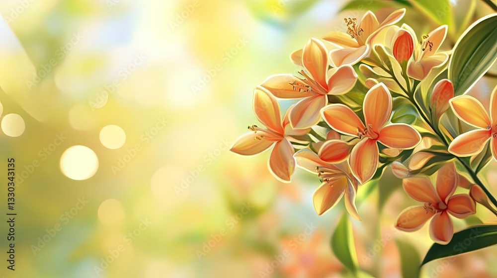 Obraz premium Flowering Peach Blossoms Branch Illustration with Golden Light and Bokeh