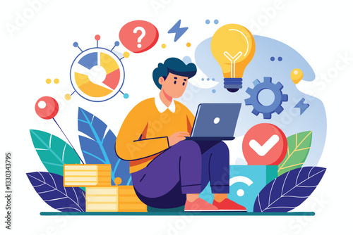 A person sits on the floor engaging with a laptop, surrounded by graphics that illustrate problem-solving, Training to find solutions or solve problems, trending