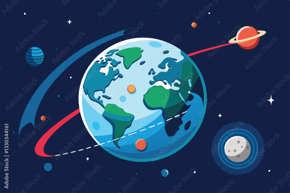 Naklejka premium An illustration showing the Earth, the Moon, and satellite paths in a vibrant cosmic setting, Trajectory of the Earth's satellite, the Moon