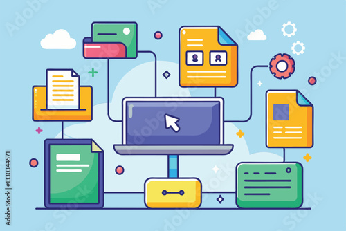 A colorful illustration displaying various document types and their connection to a computer for file transfer, Transfer files Customizable Disproportionate Illustration