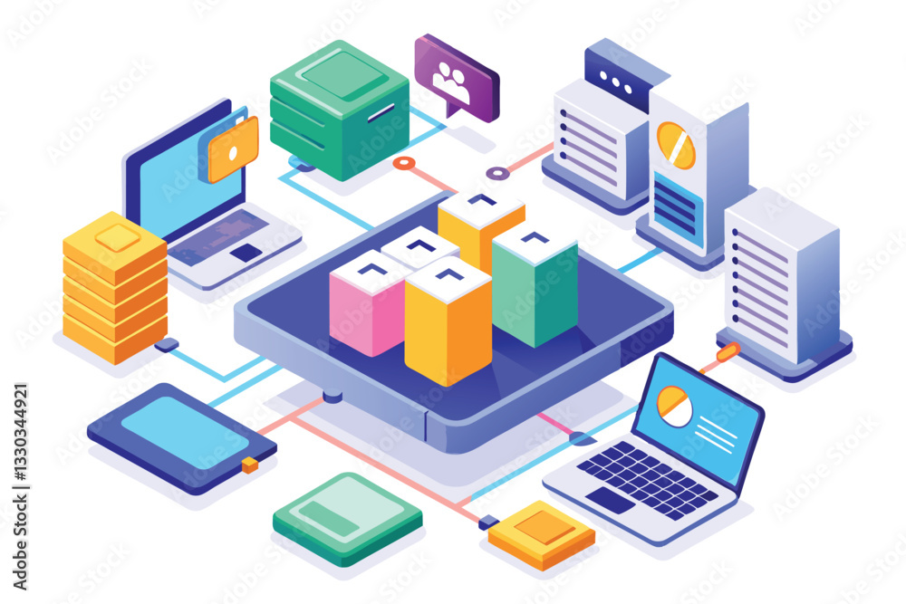 A bright isometric illustration depicts customizable file transfer with various devices interconnected, Transfer files Customizable Isometric Illustration A bright isometric illustration depicts customizable file transfer with various devices interconnected, Transfer files Customizable Isometric Illustration