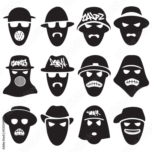 Mask of criminal bandits for hiding face black monochrome silhouette set vector flat set of Cowboy head covered by a bandana in gangster style vector  Gangster masks