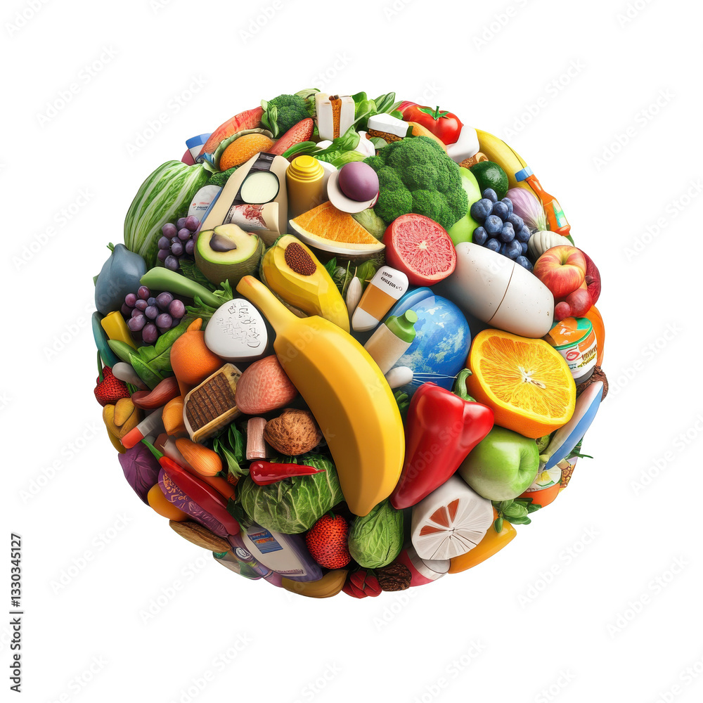 Vibrant 3D Sphere of Fresh Fruits, Vegetables, and Healthy Products Vibrant 3D Sphere of Fresh Fruits, Vegetables, and Healthy Products